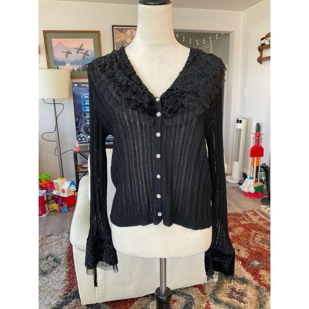 Elario Open Knit Cardigan Rhinestone Button Velvet Trim Whimsigoth Witchy Large